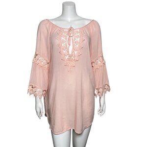 Blue Island Lace Cut Out Tunic Top  Womens Size M Pink 3/4 Sleeve Popover